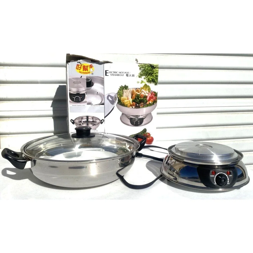 Electric Hot Pot Steamboat Stainless Steel w/Glass Lid 30 cm,  By Helperware